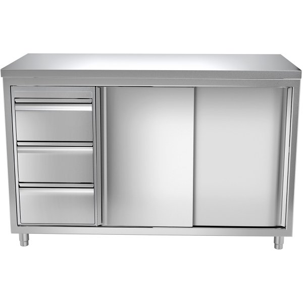 Commercial Worktop Floor Cupboard 3 drawers Left 2 sliding doors Stainless steel Width 1600mm Depth 600mm | Adexa THASR166L3