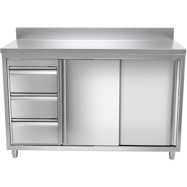 Commercial Worktop Floor Cupboard 3 drawers Left 2 sliding doors Stainless steel Width 1600mm Depth 600mm Upstand | Adexa THASR166L3A