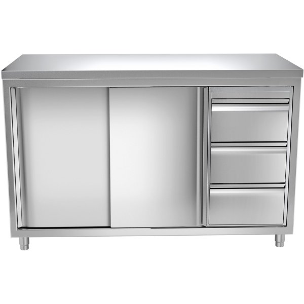 Commercial Worktop Floor Cupboard 3 drawers Right 2 sliding doors Stainless steel Width 1600x600x850mm | Adexa VTC166R3