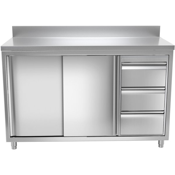 Commercial Worktop Floor Cupboard 3 drawers Right 2 sliding doors Stainless steel 1400x600x850mm  Upstand | Adexa VTC146R3B