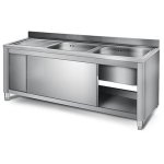 Commercial Sink with Cupboard Stainless steel 2 bowls Right Splashback Width 1400mm Depth 700mm | Adexa VSC147RBT