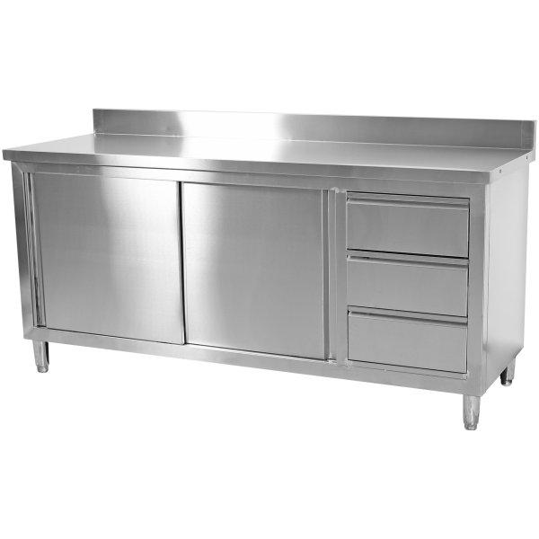 Commercial Worktop Floor Cupboard 3 drawers Right 2 sliding doors Stainless steel 1600x600x850mm  Upstand | Adexa VTC166R3B