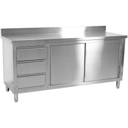 Commercial Worktop Floor Cupboard 3 drawers Left 2 sliding doors Stainless steel 1600x600x850mm Upstand | Adexa VTC166L3B