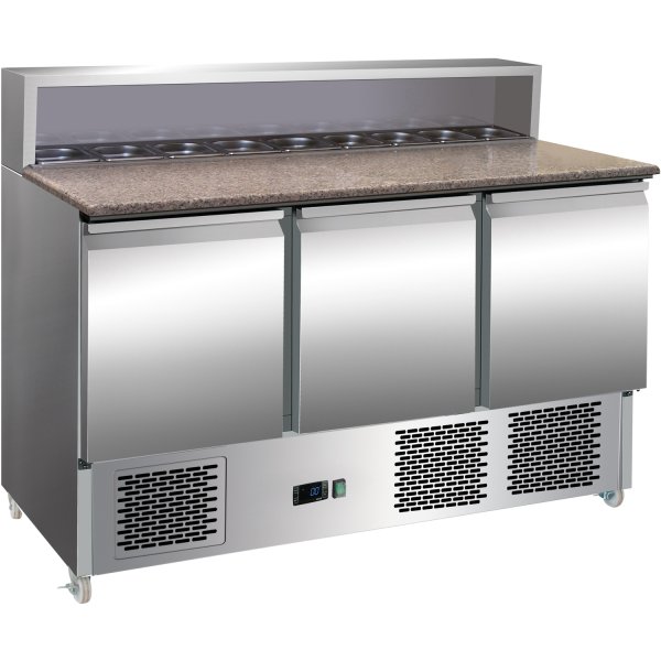 Pizza Prep Table 3 doors Stainless steel Pizza top 8xGN1/6 Depth 700mm | Adexa PZ33