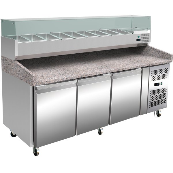 Pizza Prep Station/Counter 3 doors Granite top Refrigerated Counter top display 9xGN1/3 Depth 150mm | Adexa PZ36+PT36