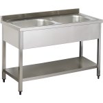 Commercial Sink Stainless steel 2 bowls Bottom shelf Splashback 1400mm Depth 700mm | Adexa THSTR147BM2