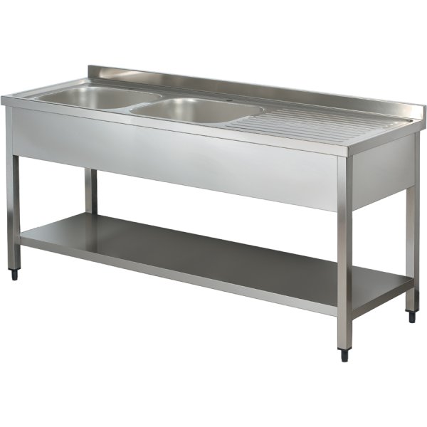 Commercial Sink Stainless steel 2 bowls Left Bottom shelf Splashback 1800mm Depth 600mm | Adexa THSTR186BL2