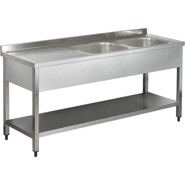 Commercial Sink Stainless steel 2 bowls Right Bottom shelf Splashback 1800mm Depth 700mm | Adexa VS187RBT