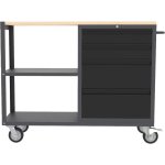 Professional Mobile Grey and Black Tool Cabinet with 4 Drawers and 2 Shelves Wooden Worktop 1480x500x1000mm | Adexa TC097