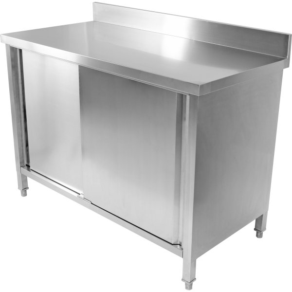 Commercial Worktop Floor Cupboard Sliding doors Stainless steel 1500x600x850mm Upstand | Adexa VTC156SLB